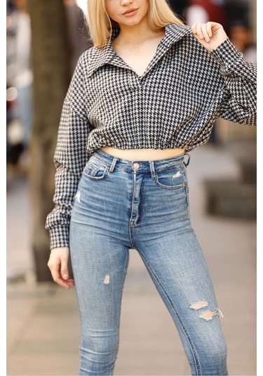 Bella Dossi Kaz Ayağı Desenli Crop Sweat Siyah