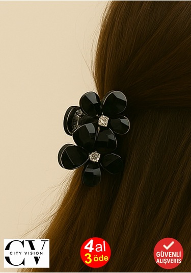 Siyah Taşlı Çiçek Gümüş Detaylı Metal Mandal Toka 4 Cm Siyah