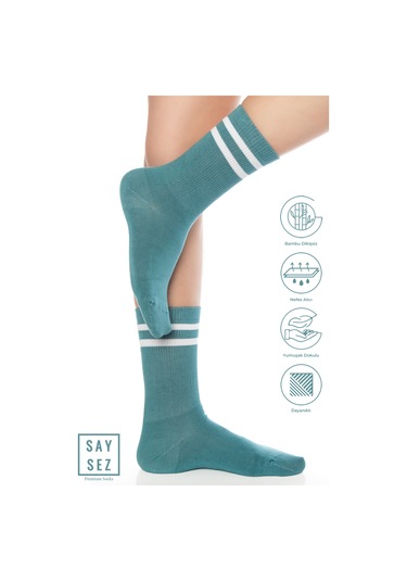 Bambu Unisex Tenis Kolej Çizgili Premium Su Yeşili Mint Renk Dikişsiz Soket Çorap Turkuaz