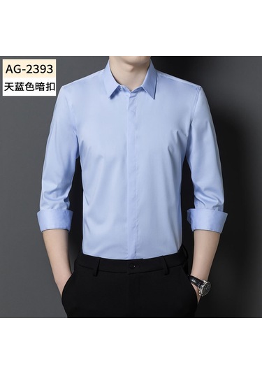 Erkekler İçin Gizli Düğmeli, Uzun Kollu, Tek Renkli, Esnek İş Kıyafeti Gömlek Açık Mavi
