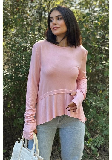 Kadın Pembe Elleri Eldiven Detaylı, Asimetrik Kesim, Bisiklet Yaka, Eteği Pliseli, Salaş Spor Bluz Pembe