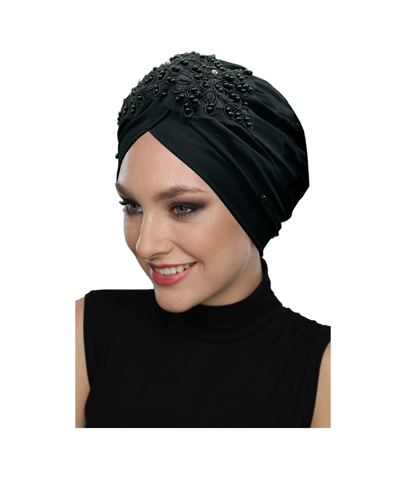Kopma Astarlı Işlemeli Siyah Dantel Motifli Hazır Türban Tesettür Abiye Bone Siyah Dantel