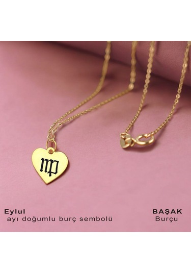 Eylül Ayı Doğumlarına Özel 14 Ayar Altın Plakalı Kalp Motifli Zincirli Hediyelik Kolye-352ay Eylül