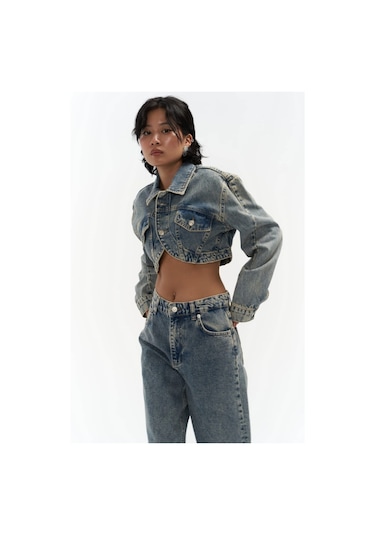 Mai Collection Mai Studios Co. Cali Çapraz Detay Kirli Yeşil Crop Jean Ceket Mavi