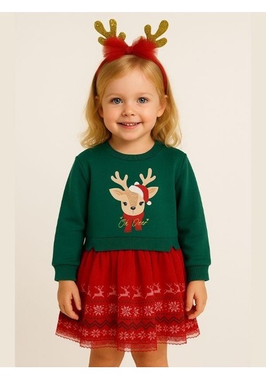 Kız Çocuk Geyikli Yılbaşı Temalı Taç Hediyeli Elbise-16405 Kırmızı