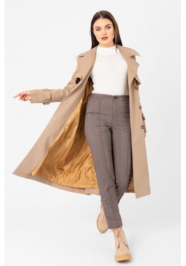 Pastelastore %100 Pamuk Gabardin Uzun 110cm Astarlı Kemerli Kadın Trençkot 1111 Yeni Bej