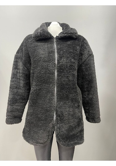 Kadın Siyah Peluş Rüzgar Geçirmez Welsoft Çift Cepli Kışlık Mont Siyah