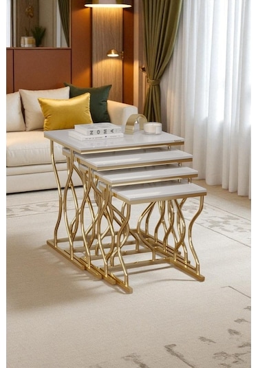 Arden Elite 4'lü Kare Zigon Sehpa Seti Gold Ayak, Krem Mdf Beyaz