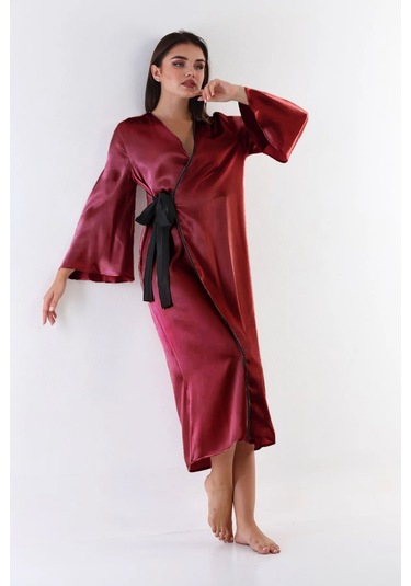 Laperissa Kadın Bordo Saten Dokuma Sabahlık Siyah Kuşaklı Şık Ve Zarif Ev Giyim Bordo