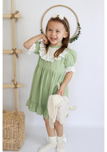 Kız Bebek Ruby Yeşil Fırfırlı Dantel Detaylı Kısa Kollu Elbise Bandana Takım Elb-0070.7 Yeşil