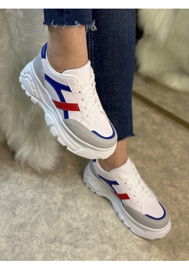 Günlük Kadın Sneaker Kalın Yüksek Taban Bağcıklı Rahat Tiger Şeritli Spor Ayakkabı 032 10-taş Saks Mavi Kırmızı