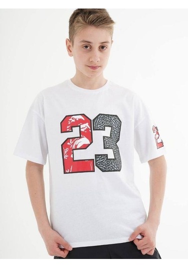 Çocuk 23 Yazılı Oversize Pamuklu T-shirt-16013 Ekru