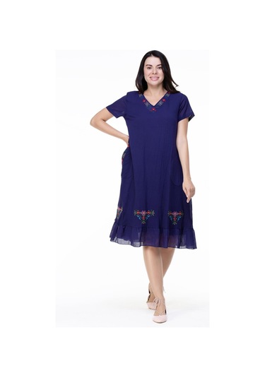 Kısa Kol Şile Bezi Mehtap Midi Boy Nakış Detaylı Elbise Mor Mor-mor