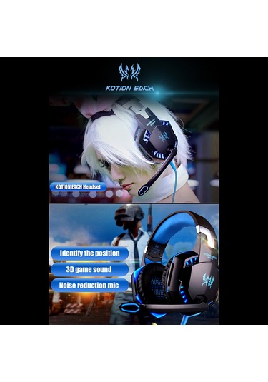 Jeemson Kotıon Each G2000 Oyuncu Kulaklığı, Gürültü Engelleme Mikrofonlu, 50mm Hoparlör, 3.5mm+usb, Siyah-mavi, Ses Kontrol Teli