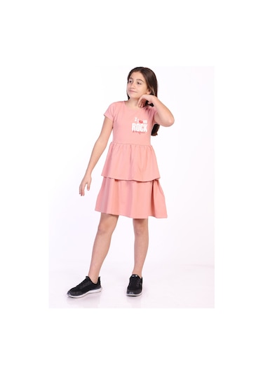 Toontoy Kız Çocuk I Love Rock Baskılı Elbise Pudra