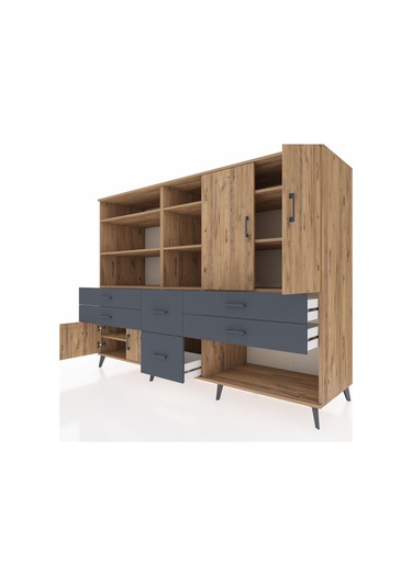 Kronos Dolap 10 Raflı 6 Çekmeceli 4 Kapaklı 220x59x163 Çam-çam/an Çam-çam/antrasit