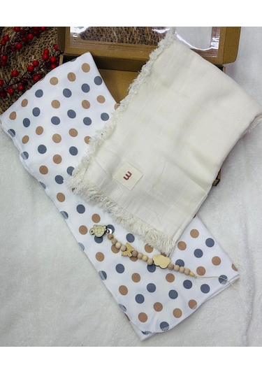 Müslin Battaniye Ve Pamuk Battaniye + Emzik Askısı Hediyeli Kutulu Ekru&yuvarlak Desen