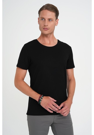 Comfort Fit Bisiklet Yaka Esnek Pamuk Düz Siyah Tişört Ts 915 Siyah