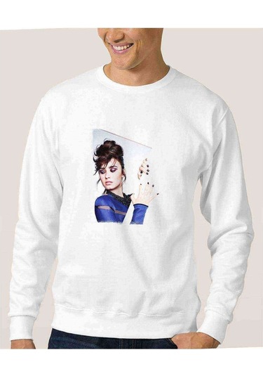 Demi Lovato Baskılı Beyaz Erkek Örme Sweatshirt