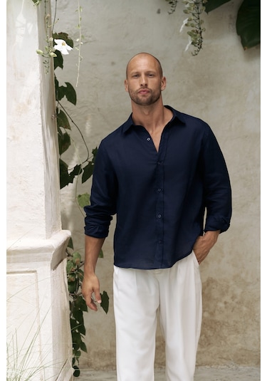 Mai Collection Mai Studios Co. Bice Lacivert Keten Oversize Erkek Gömlek Lacivert