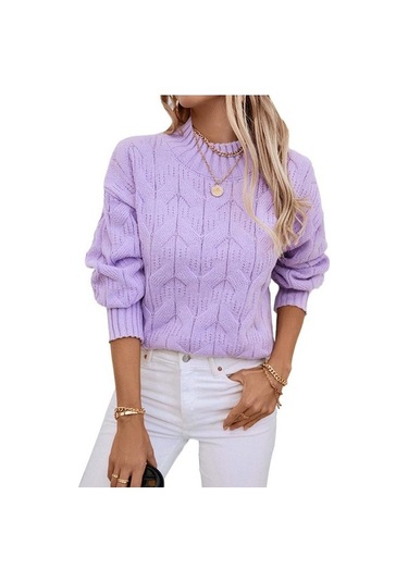 Tongxida Kadın Büyük Beden Yarım Yüksek Yaka Bükülmüş Örgü Kazak - Sonbahar/kış - Bol Bükülmüş Çiçekli Kazak - Mor Mor