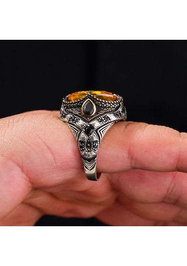 925 Ayar Sitrin Taşlı Ve Damla Zirkon Taşlı Gümüş Erkek Yüzüğü Gümüş