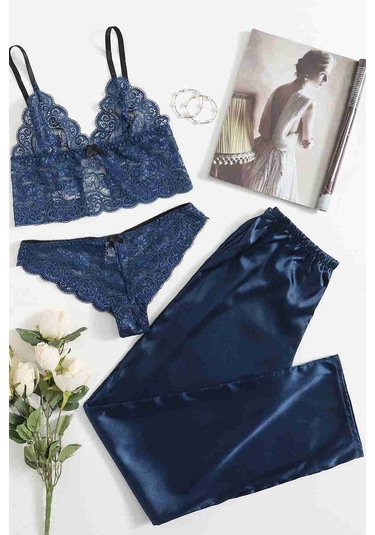 Merry See Dantel Sütyen Külot Saten Pijama Alt 3 lü Takım Lacivert