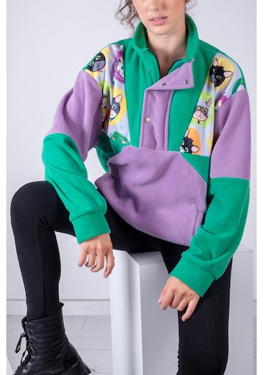 Kadın Erkek Kedi Desenli Yarım Fermuarlı Polar Sweatshirt