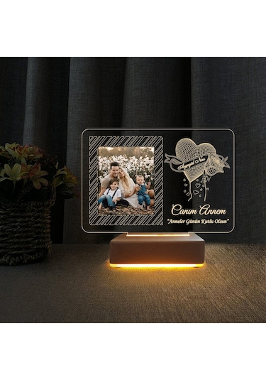 Anneler Günü Hediyesi Isimli Ahşap Lamba Kalpli Kişiye Özel Hediye