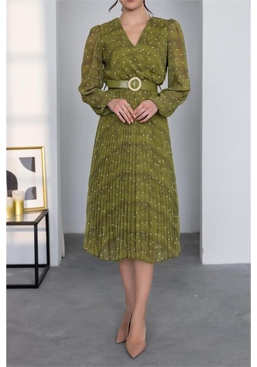 Neşeli Butik Kadın Kemerli Puantiye Desenli Şifon Elbise Nbmy3286 Yağ Yeşili