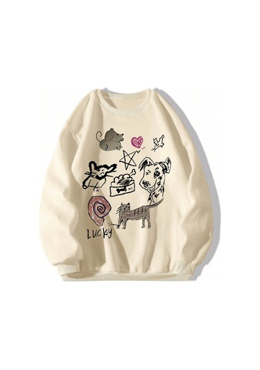 Karikatür & Harf Grafik Düşük Omuz Oversize Sweat-trzksw3823 Kayısı