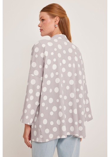 Bigdart Kadın Gri Beyaz Puantiyeli Örme Kimono 5862 001