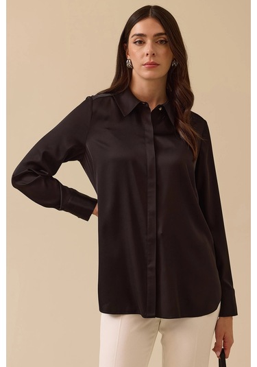 Seçil Kadın Gizli Düğmeli Saten Gömlek 0038 Siyah Siyah