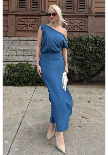 Madmext Madmext İndigo Düşük Omuz Elbise Mg2349 Indigo