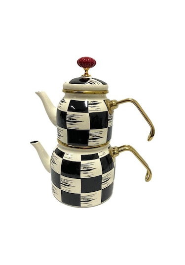 Acar Qualita King Xap-5758 Mini Emaye Dama Çaydanlık Takımı Siyah - Beyaz