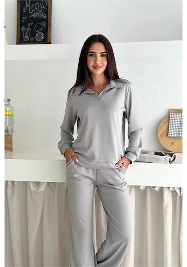 Neşeli Butik Kadın Polo Yaka Modal Uzun Kollu Eşofman Takımı Nbtg108 Açık Gri