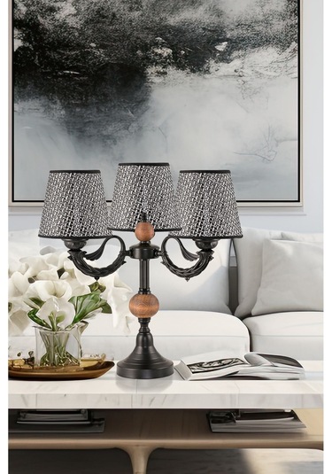 Üçlü Şamdan Masa Lambası Abajur Siyah Siyah Rattan Hasır Şapkalı Siyah