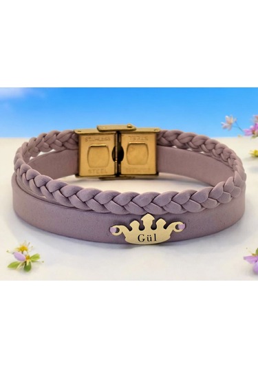 Archin Gül İsmine Özel 14 Ayar Altın Plakalı Doğal Mor Derili Taç Figürlü Hediye Bileklik-637isim Gül