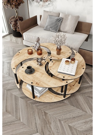 Ravilo Yin Yang 4'lü Orta Sehpa Meşe 90 Cm Meşe