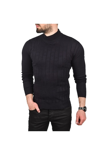 Deepsea Erkek Lacivert Çizgi Desenli Tüylenme Yapmayan Yarım Balıkçı Yaka Triko Kazak 2505501 Lacivert