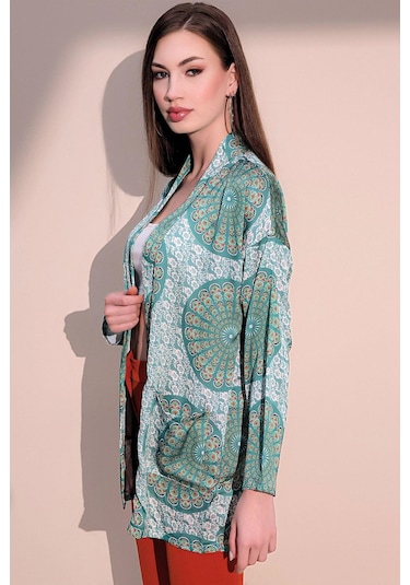 Kadın Yeşil Etnik Desen Yeni Moda Saten Çift Cepli Salaş Kimono Ceket - Tesettüre Uygun Yeşil