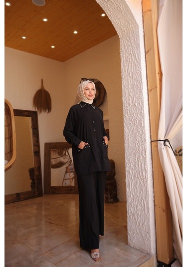 Kadın Tesettür Eşofman & Takımı, Alt Üst Uzun Takım Düğmeli Gömlek Pantolon 504 Siyah