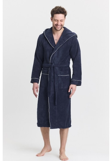 Mulberry Triga Erkek Bornoz %100 Pamuk Kapüşonlu Lacivert