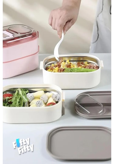 Vagonlife 1 L İki Kat Üç Bölme Paslanmaz Çelik Bento Lunch Box Sos Kaseli Mode