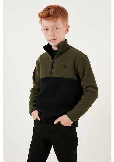 Lela Yumuşak Dokulu Yarım Fermuarlı Renk Bloklu Dik Yaka Unisex Çocuk Polar 5905004 Haki-Siyah