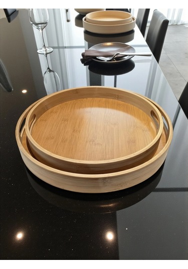 Mybru Yuvarlak Bambu Tepsi 2'li Set Ahşap
