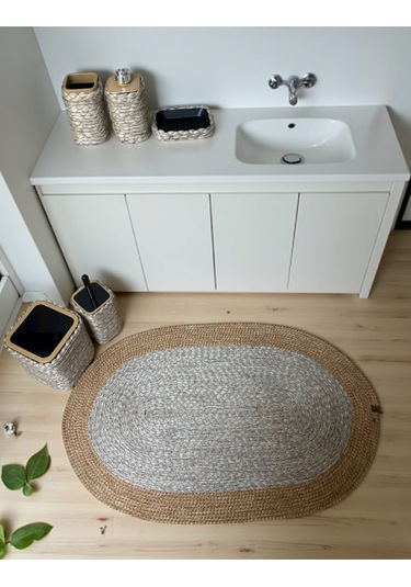 Doğal Dokulu Hasır Görünümlü 6 Parça Banyo Takımı Zarif Ve Modern Gri