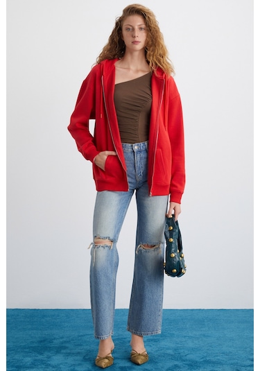 Alena Kadın Oversize Organik Pamuklu Metal Fermuarlı Kapüşonlu İçi Polarlı Kırmızı Sweatshirt