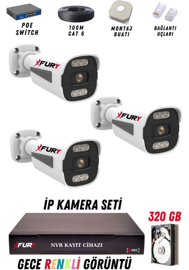 Fury 3 Kameralı Ip Güvenlik Kamerası Seti 4mp Gece Renkli Su Geçirmez 1506 320gb