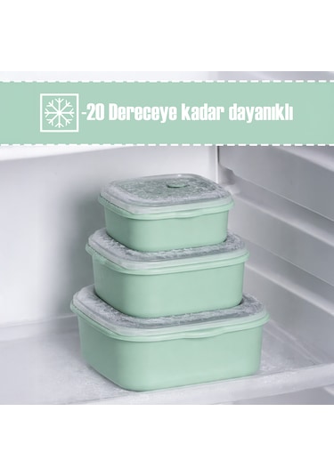 Porsima 5316 Kilitli Sızdırmaz Kapaklı Hava Tahliye Contalı Çok Amaçlı 3lü Kare Erzak Yiyecek Saklama Kabı Seti Yeşil - 500-900-1500ml Yeşil